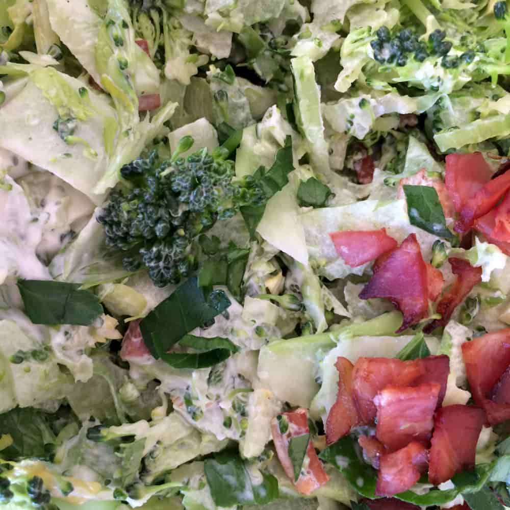A colourful mix of broccoli, lettuce and bacon bits.